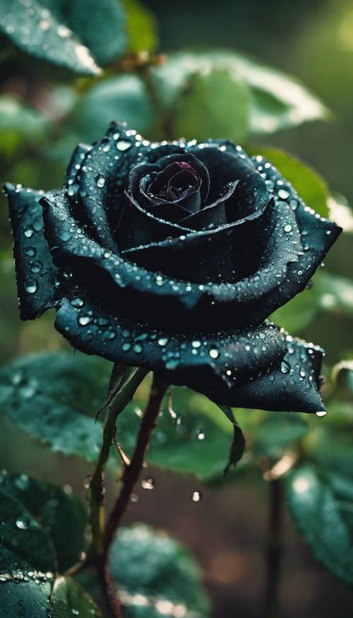 A close-up of a black rose with dew drops glittering on its petals, surrounded by vibrant green leaves.