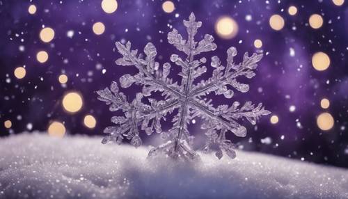 Une douce chute de neige la nuit avec des flocons de neige argentés sur fond violet mystique.