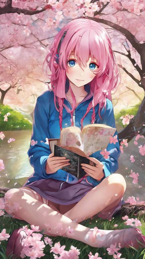 فتاة أنمي شابة ذات شعر وردي لامع وعيون زرقاء متلألئة تجلس تحت شجرة أزهار الكرز في إزهار كامل، وتقرأ المانجا المفضلة لديها.