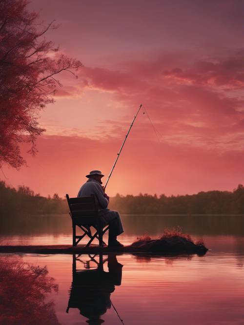 Un vieil homme veillant solitaire au bord d’un lac sous un coucher de soleil rouge rubis, une canne à pêche à la main.