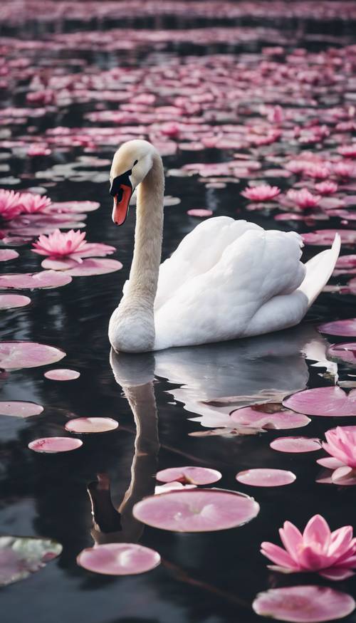 Ein einzelner, eleganter weißer Schwan schwimmt auf einem ruhigen See, dessen Oberfläche mit rosa Seerosen besät ist.
