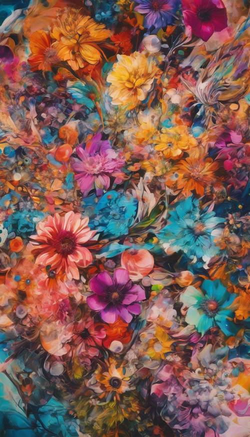 Une peinture abstraite présentant un mélange chaotique de motifs floraux aux couleurs psychédéliques.