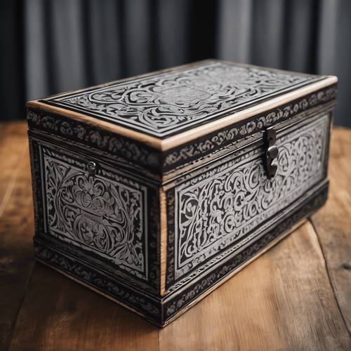 An antique ornamental wooden box with exquisitely engraved black and grey damask patterns.