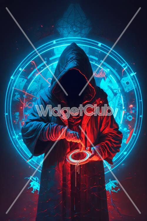 Mystical Hooded Figure with Glowing Hands and Futuristic Circle