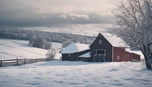 Una ráfaga de nieve barre una granja solitaria que yacía bajo un edredón de nieve.