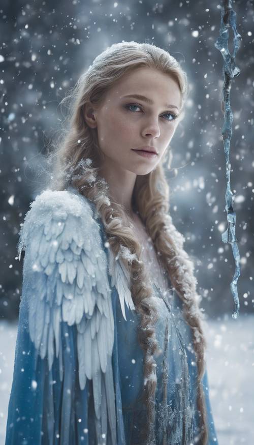 An angel with cool blue eyes, holding an icicle as a staff, surrounded by a light flurry of snow.