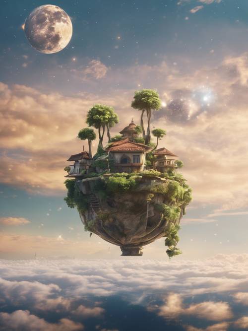 A magical realist setting with floating islands in the sky, each bearing a Scorpio emblem.