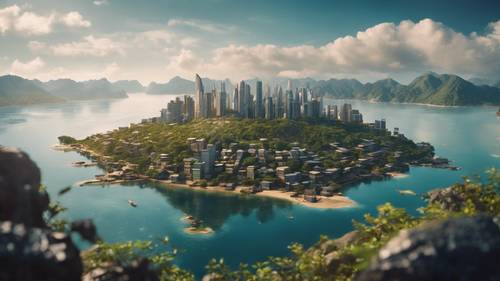 An adventurous skyline view of a hidden island city protected by mountain ranges.