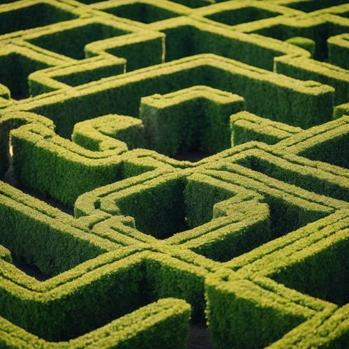 Eye-level view of a lush green colonial-era hedge maze during the golden hours, inviting for exploration. Tapet [7eca3d43effc4e35832e]