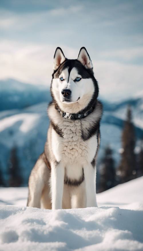 Chú chó Husky Siberia hùng vĩ đứng kiêu hãnh trên nền núi tuyết.