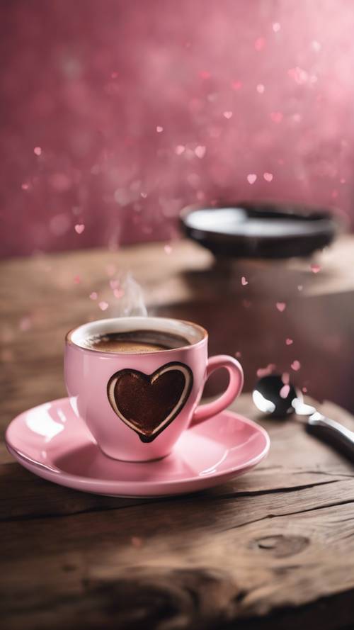 Pink heart-shaped steaming coffee mug sitting on a wooden table.