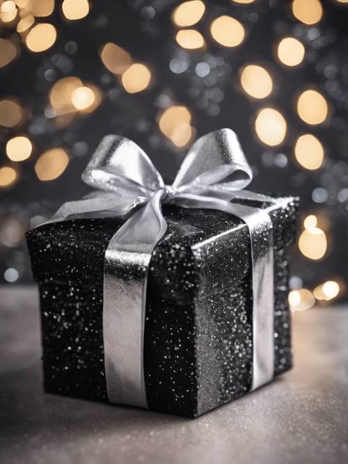 A black glitter-wrapped Christmas gift with a silver ribbon