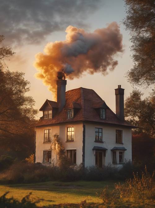 Un tranquillo paesaggio al tramonto raffigurante un cottage caldo e accogliente con il fumo che esce dal camino.