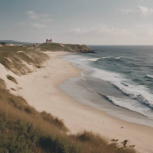 A remote Christian college nestling by the shore, with waves gently hitting the sandy coastline. Tapet [660e319d2d6e48a88f83]