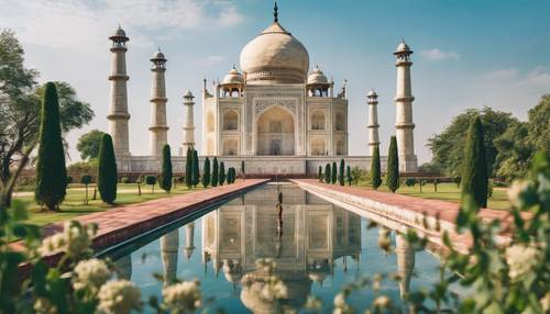 A panoramic view of the iconic Taj Mahal surrounded by lush green gardens under a clear blue sky.