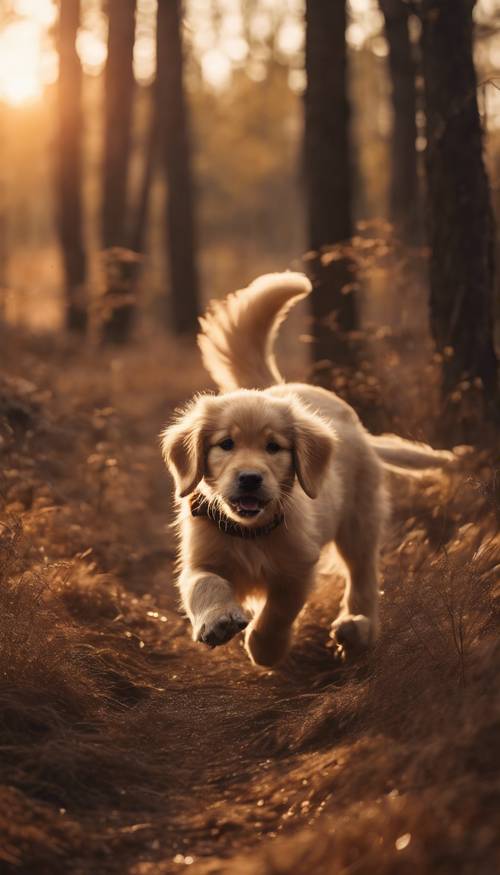 A golden retriever puppy chasing its tail in a dark gold forest during sunset Tapet [d68ca8d79ce5450aadbd]