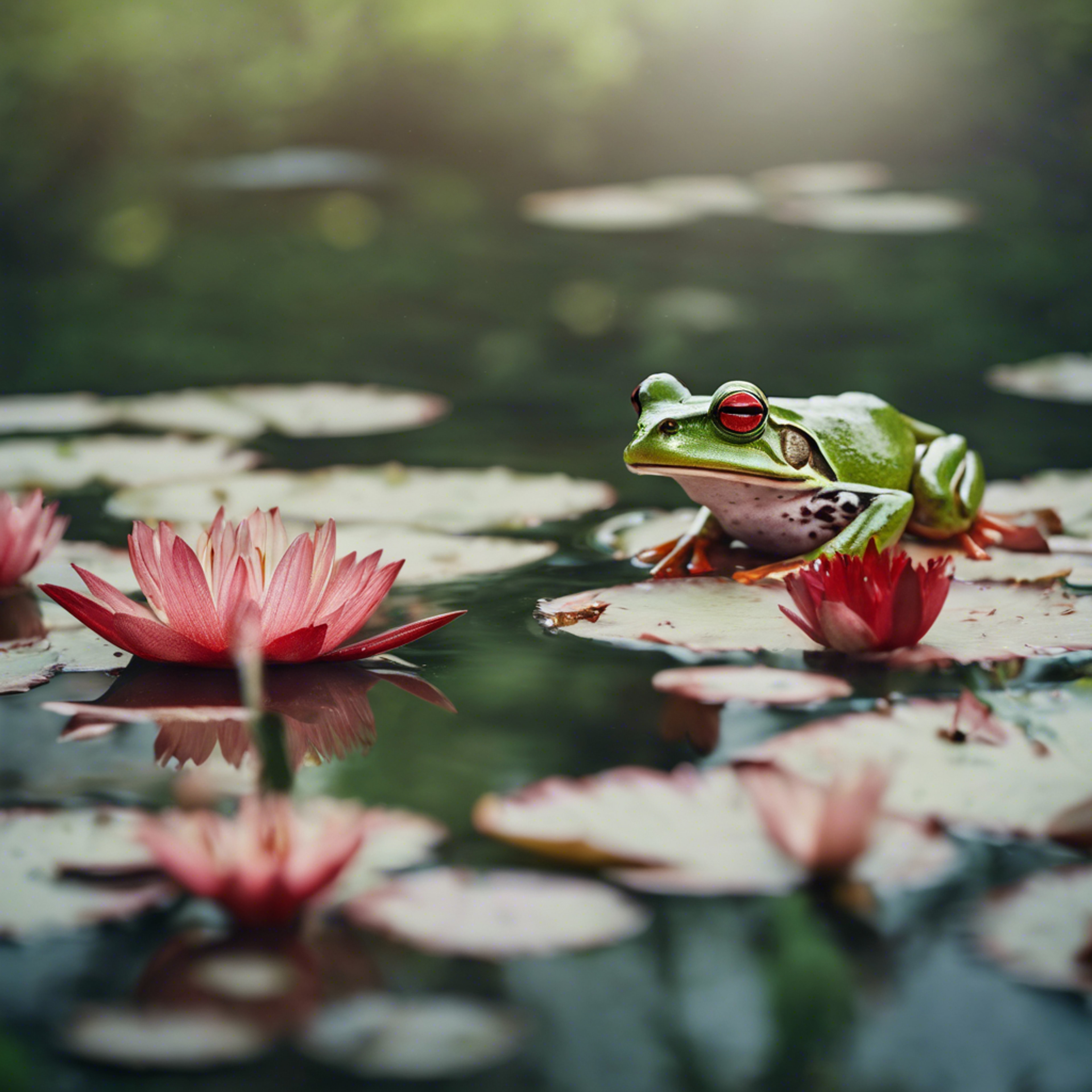 A green frog with unique red spots on its back resting amongst lily pads Fondo de pantalla[ede852334745430fb604]