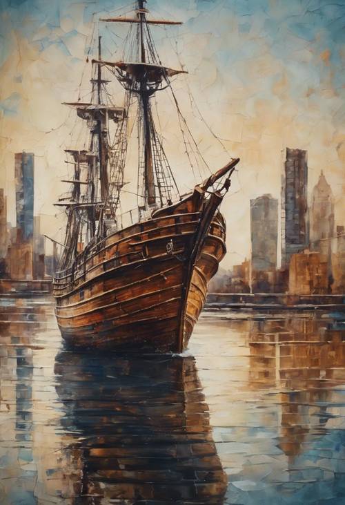 Une peinture à l’huile richement texturée représentant un navire en bois classique naviguant sur fond de toits de ville modernes.
