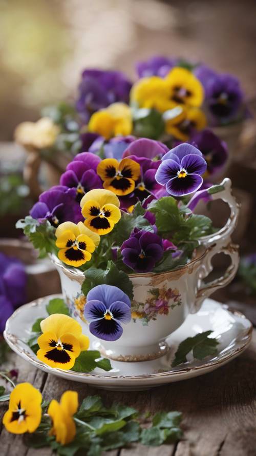 A teacup filled with colorful pansies on a rustic wooden table.