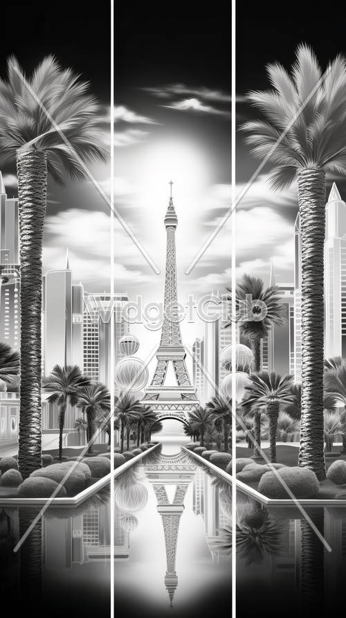 Paisaje urbano elegante con la Torre Eiffel y palmeras