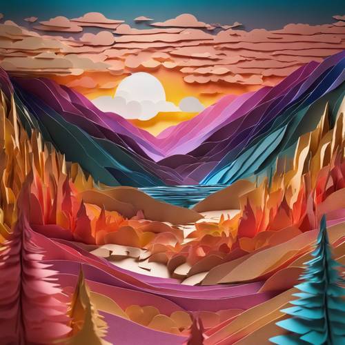 A intrincada paisagem de um artista de papel recortada em camadas multicoloridas de papel, lembrando um pôr do sol vibrante sobre um vale sereno.