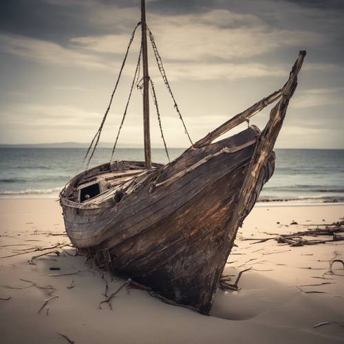 Ein verlassenes, zerstörtes Segelboot, gestrandet an einem einsamen Strand. Hintergrund [a5c2fab82ebd4181a081]