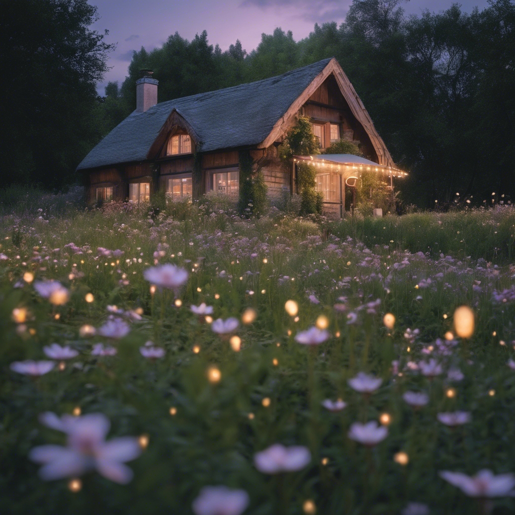 A serene, cottagecore cottage in a flowering meadow at twilight, with hundreds of fireflies illuminating the landscape. Tapeta[5440a7c2d94746e2b4f5]