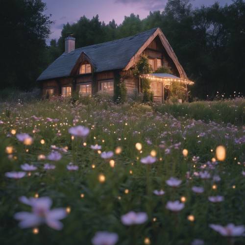 Un chalet serein et cottagecore dans une prairie fleurie au crépuscule, avec des centaines de lucioles illuminant le paysage.