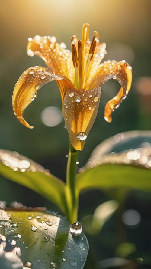Morgentau ruht zart auf den Blütenblättern einer goldenen Lilie in einem ruhigen Garten.