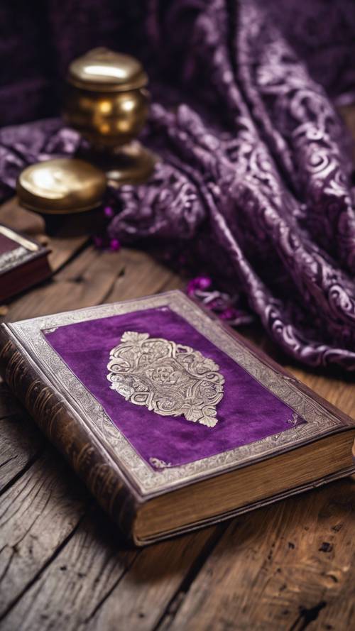 An antique book with a purple damask cover lying on an oak table.