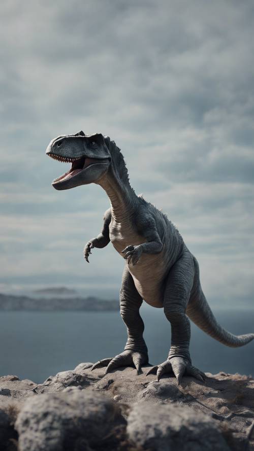 Lone gray dinosaur standing at the edge of the world, bellowing a mournful goodbye.