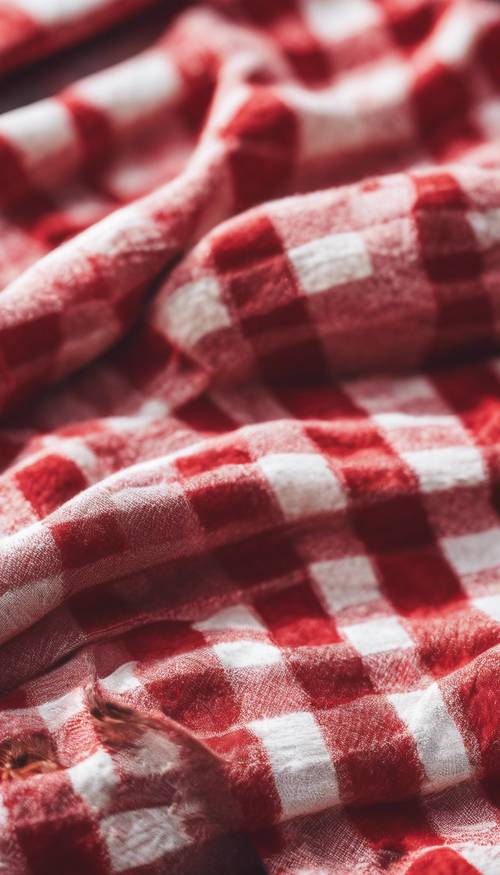 Klasik bir kır piknik battaniyesi üzerinde kırmızı kareli bir desen.