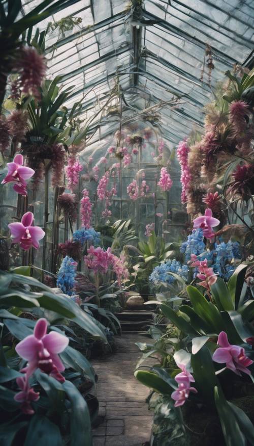 A victorian greenhouse filled with exotic blue orchids and pink bromeliads.