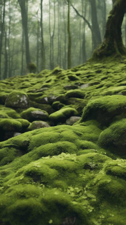 Pemandangan lumut hijau bertekstur yang menenangkan menutupi lanskap berbatu.