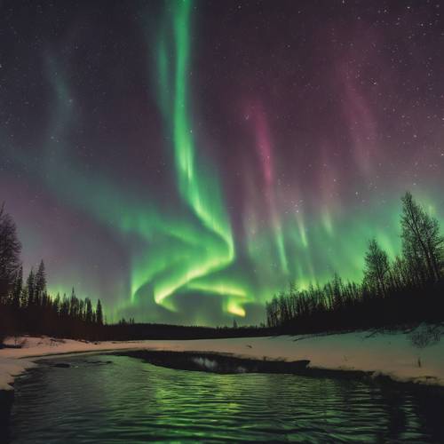 An aurora borealis in the night sky with shimmering hues of gold and green.