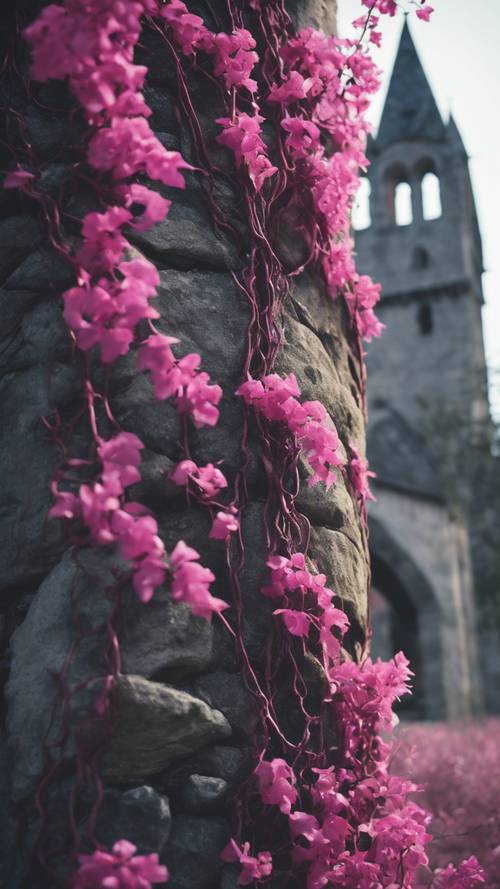 Enredaderas góticas de color rosa oscuro que trepan por una torre de piedra.