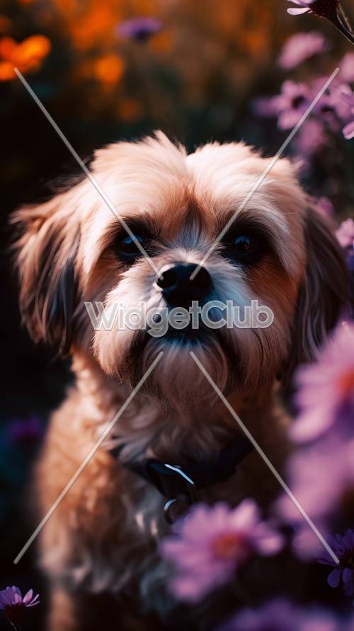 Çiçeklerle çevrili sevimli köpek