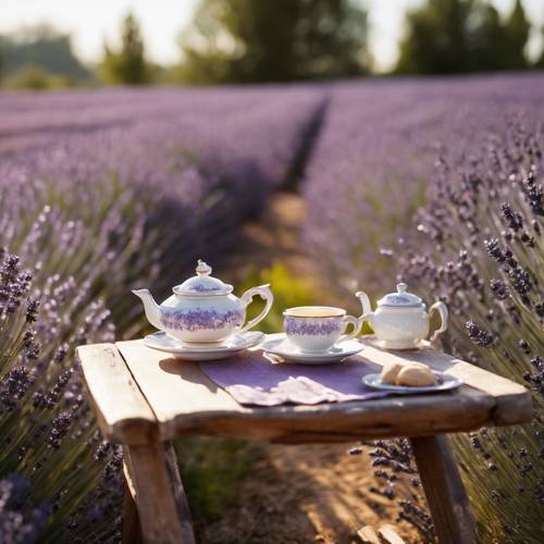 A dainty outdoor tea setting on a small rustic table in a lavender field, with the lazy spring sun shining brightly.