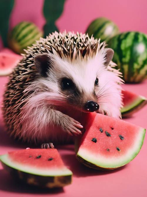 A hedgehog eating watermelon with pink interior on a perfect evening.