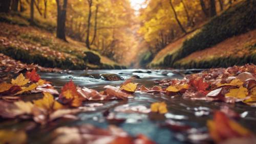 Palabras de una cita inspiradora que flotan en las coloridas hojas de otoño a lo largo de un arroyo que fluye suavemente.