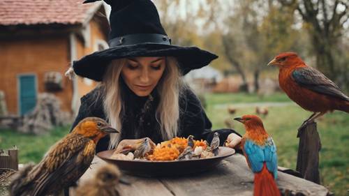 Une sorcière de quartier sympathique nourrissant des oiseaux magiques et colorés dans un petit village.