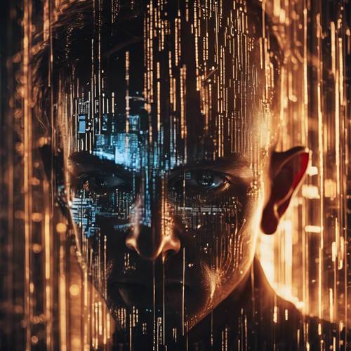 A close up of a hacker's intense gaze reflected in the glow of screens displaying advanced algorithms.