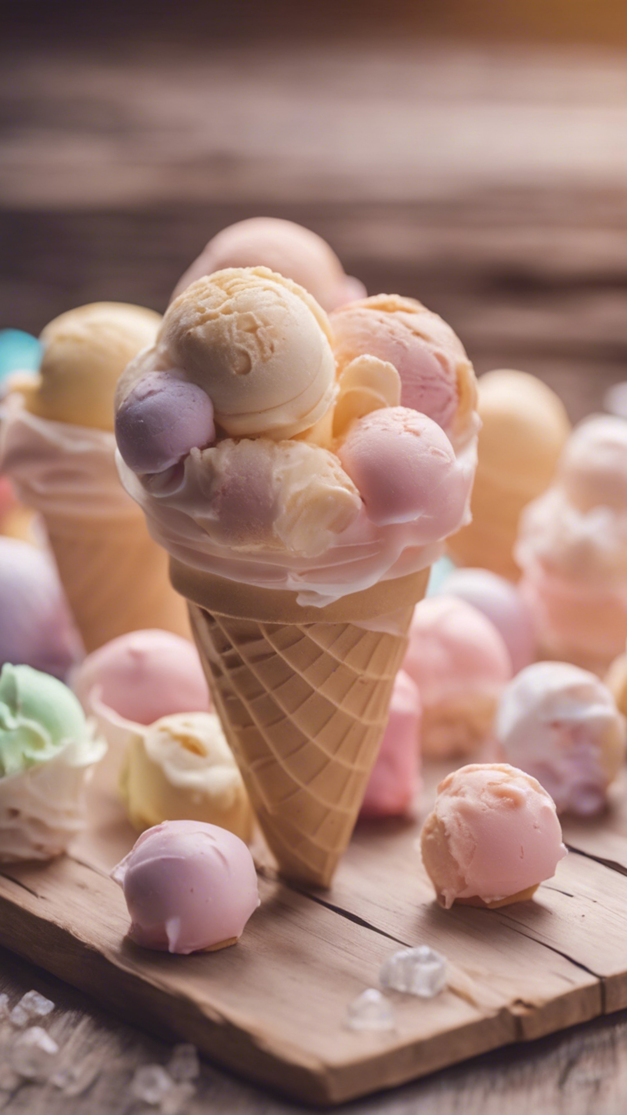 Beige pastel ice-cream themed kawaii sweets placed on a wooden table. Wallpaper[0134c6788c9a41089b13]