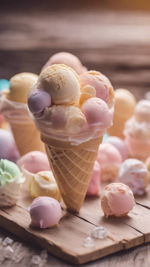 木桌上摆放着米色柔和色调的冰淇淋主题可爱糖果。