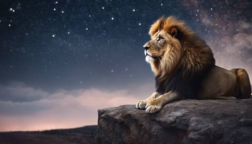 Una fotografia satura di un leone solitario in piedi su una cresta ventosa sotto un cielo notturno stellato.