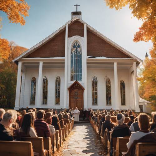 A Christian choir singing hymns in a quaint church surrounded by glorious fall scenery.