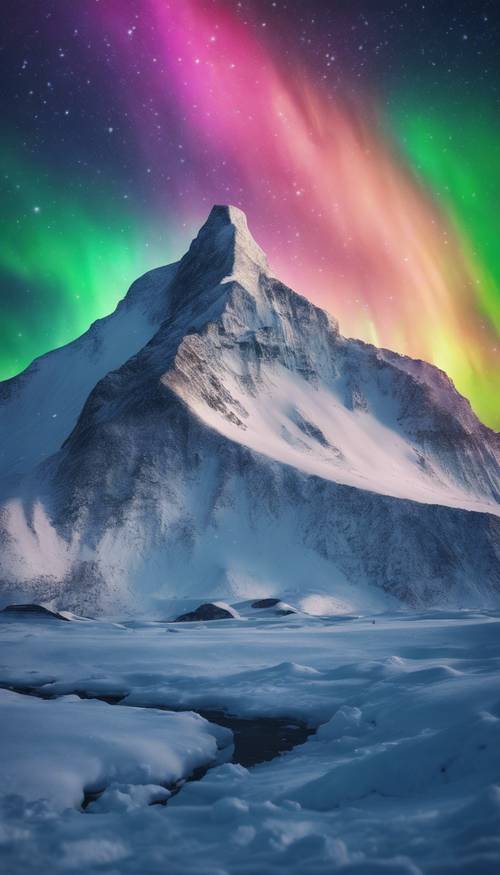 오로라 아래 눈 덮인 산의 숨막히는 광경이 밤하늘을 다채로운 색으로 물들입니다.