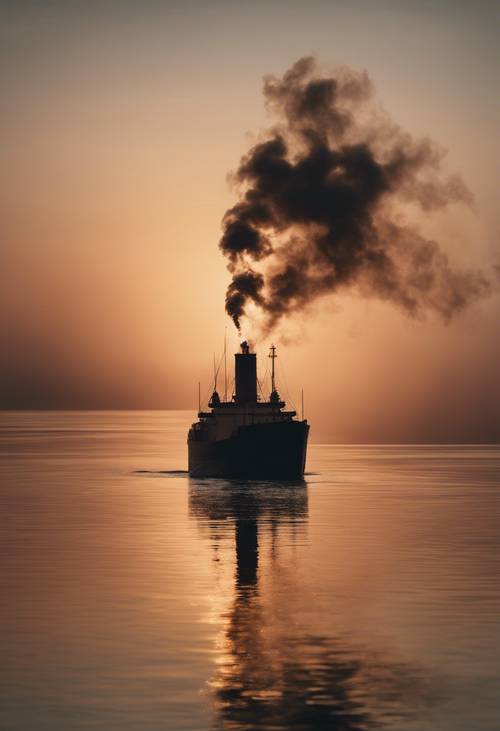 一艘船駛向夕陽的輪廓，煙囪裡冒著白煙。