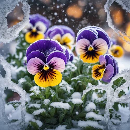 View through a frosted window at a bed of colorful pansies blanketed by fallen snow.