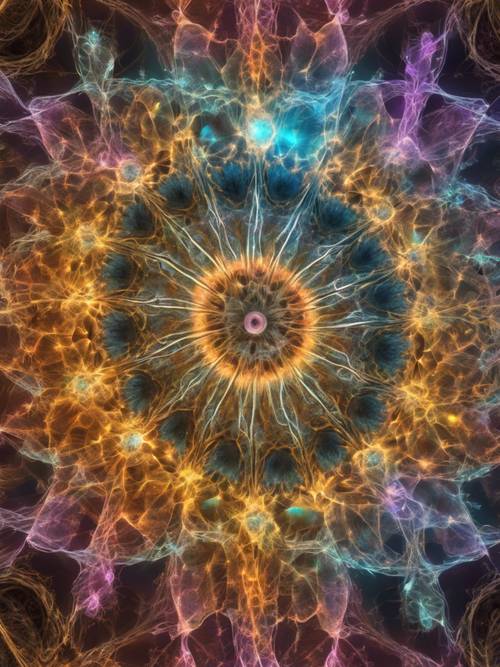 Pola fraktal abstrak diilustrasikan sebagai alam semesta matematika, memancarkan warna-warna yang mempesona.